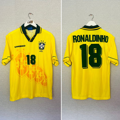Brazil home football shirt 1996 (R9) Ronaldinho 18 Medium