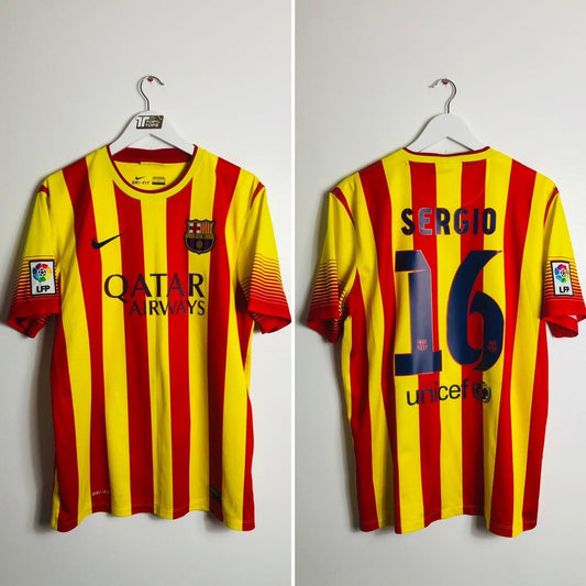 Barcelona 2013/2014 Red & Yellow Away Football Shirt (L)